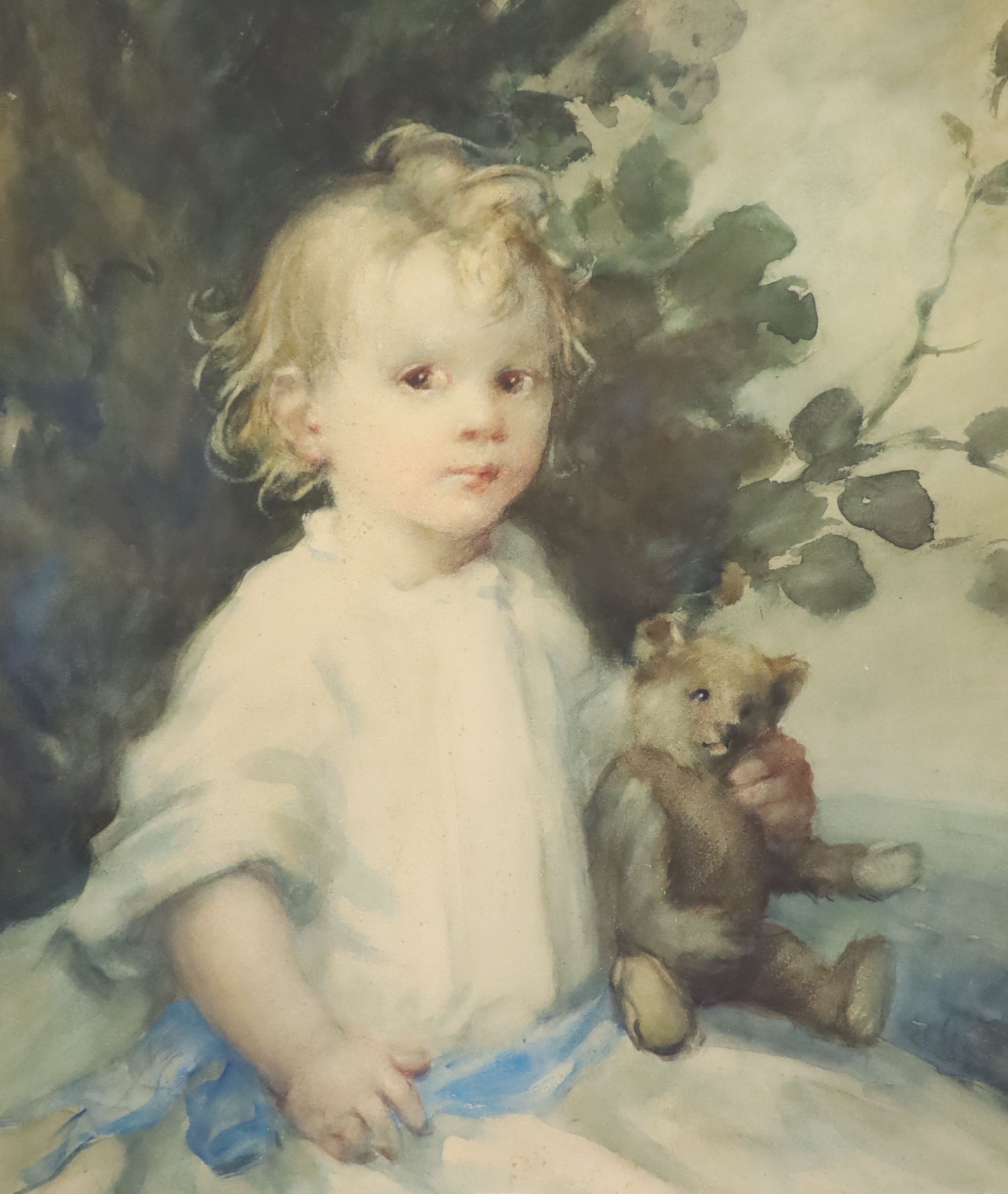 Ambrose McEvoy (1878-1927), Portrait of a child holding a teddy bear, watercolour, 55 x 47cm